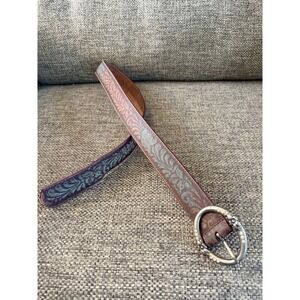 Western Belt, Women's M, Leather, Brown W Teal Patina, Silver Buckle
